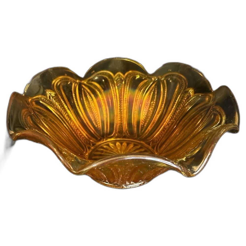 Vintage 70s Amber Marigold Carnival Glass Bowl Herringbone Ruffled Edge
